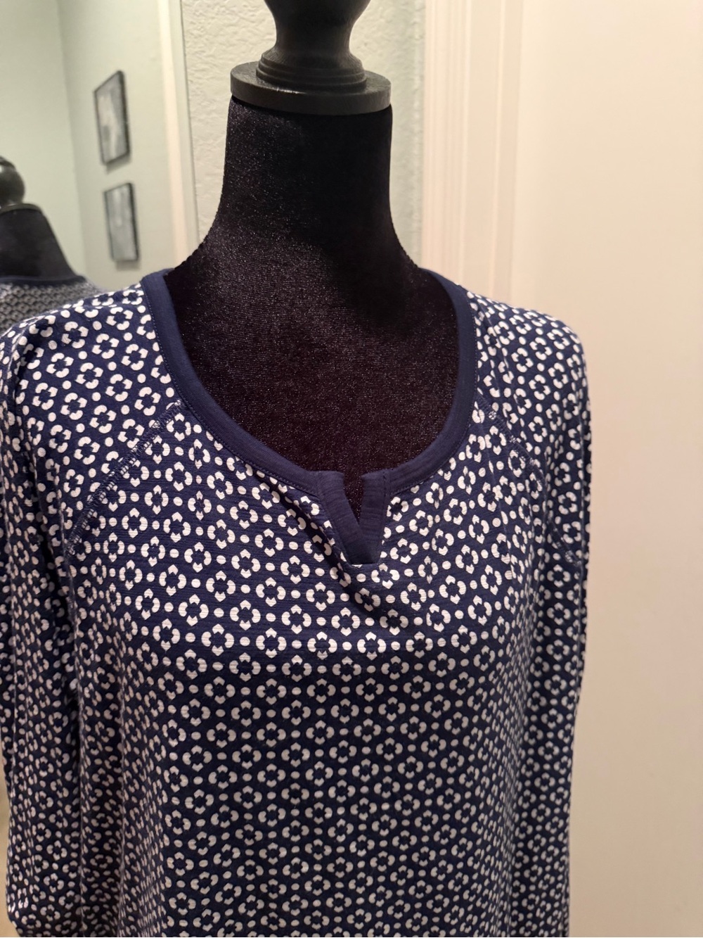 Talbots Navy and White Long Sleeve Printed Tee